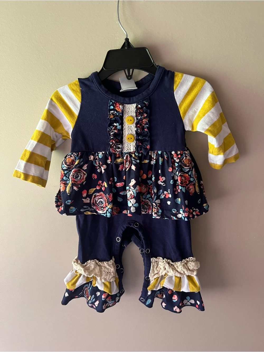 Navy Floral & Yellow Stripe Baby Girls Romper